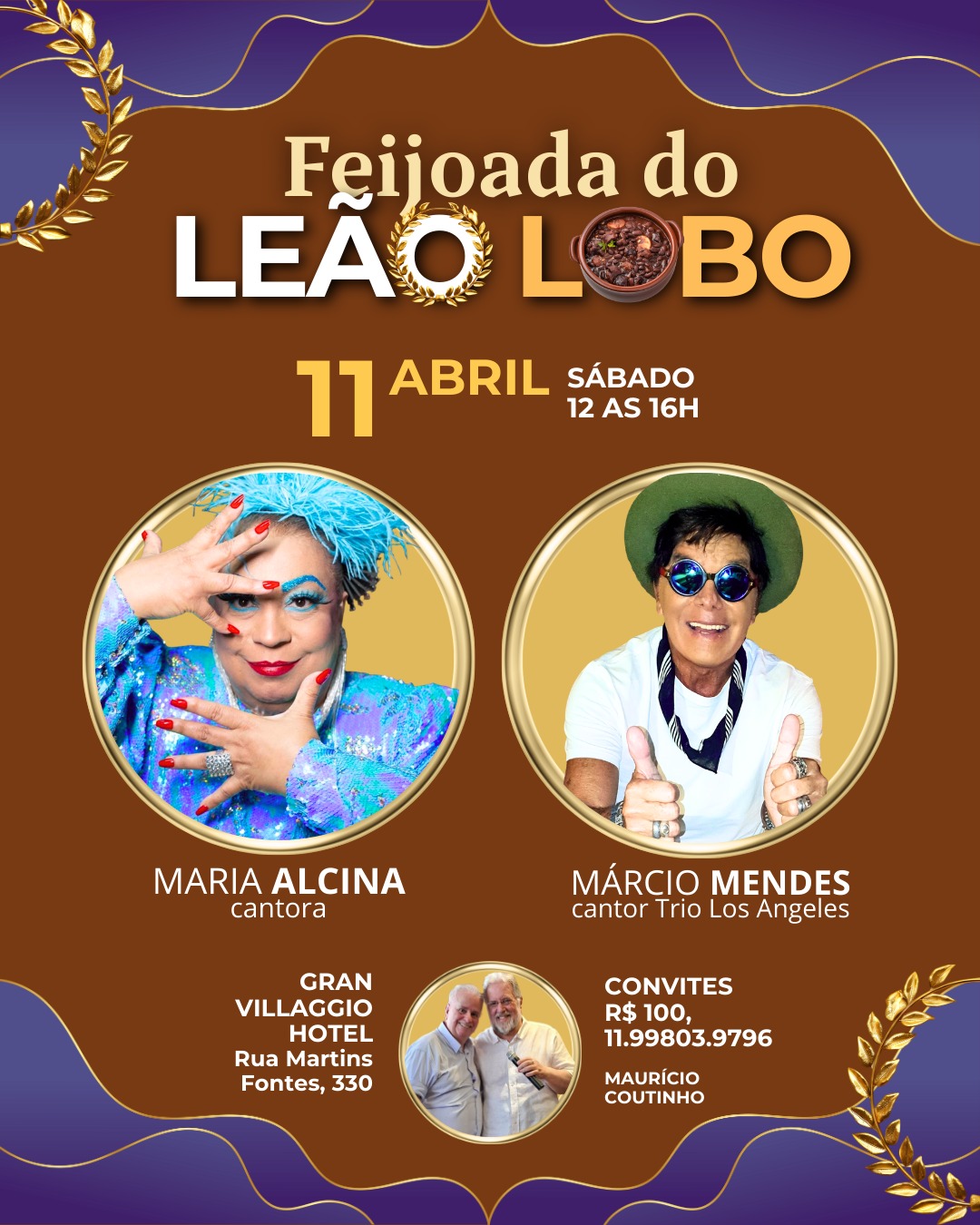 Feijoada do Leão Lobo em 11 de abril receberá dois grandes nomes da música brasileira, Maria Alcina e Márcio Mendes, do Trio Los Angeles